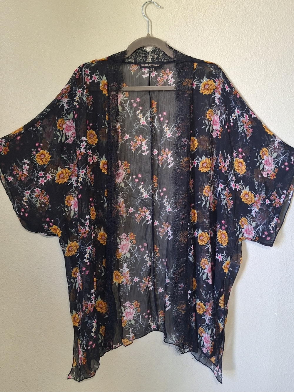 Boho Floral Kimono Small Oversized Sheer Lace Trim Duster Cardigan Festival